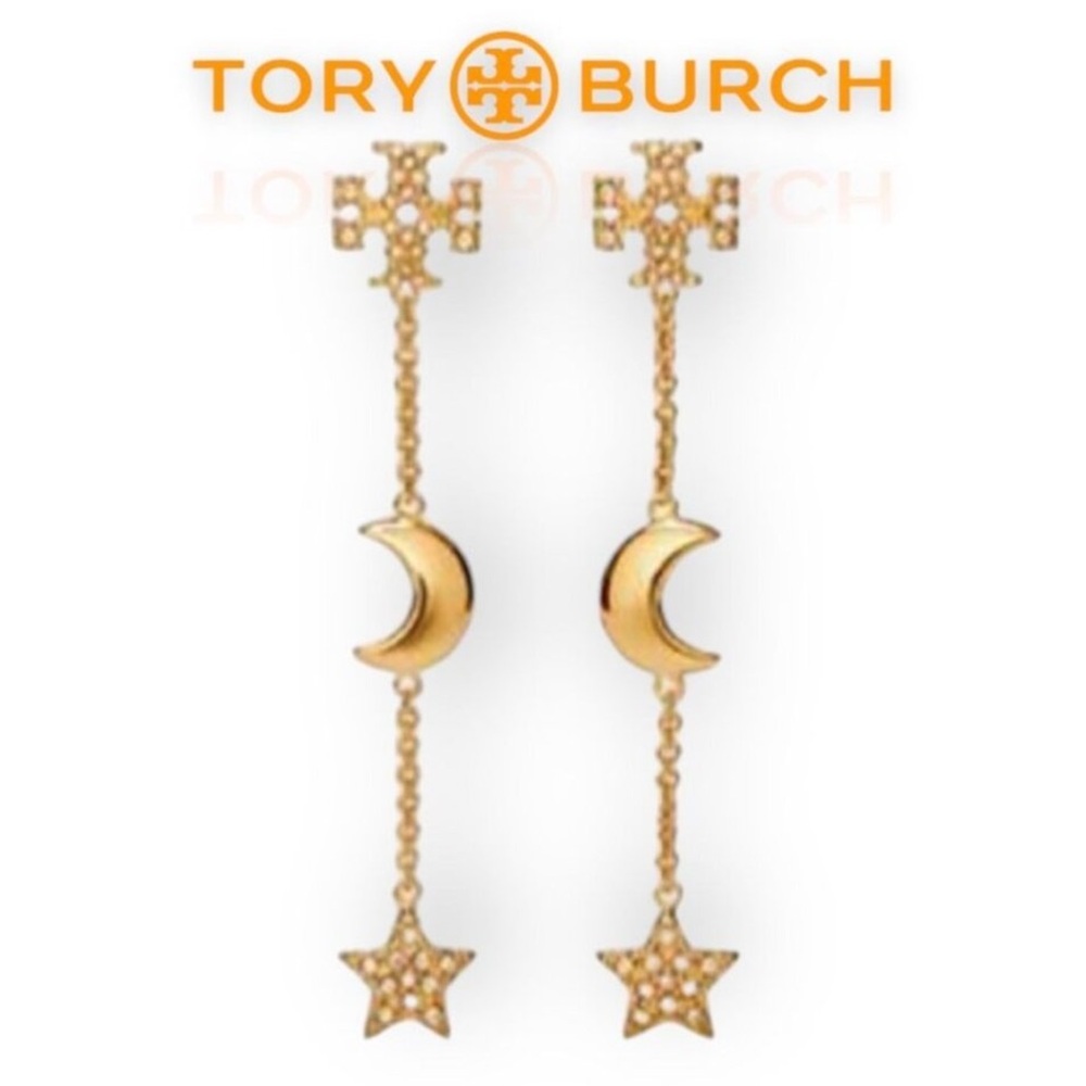 Tory Burch Kira crystal pave star & moon long drop earrings - Picture 1 of 8